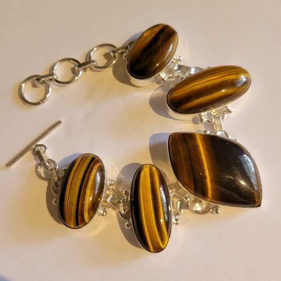 Natural Genuine Tiger's Eye 925 Silver Linked Bracelet - Picture 9 of 14